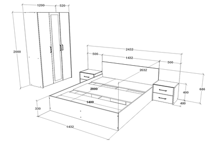 Set dormitor Malmo V3, Pat 200 x 140 cm, Stejar Alb/Antracit