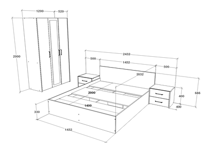 Set dormitor Malmo V3, Pat 200 x 140 cm, Stejar Artisan/Argila