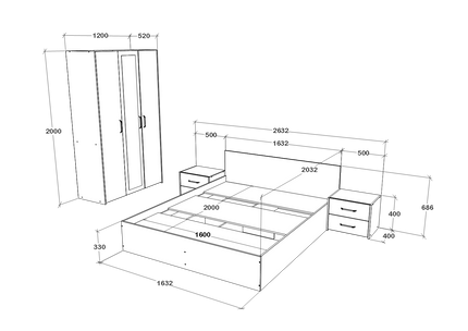 Set dormitor Malmo V3, Pat 200 x 160 cm, Stejar Alb/Antracit