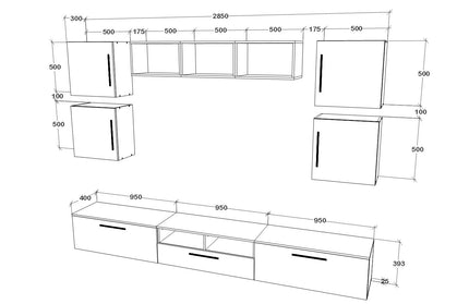 Living Kos V3, Negru/Alb Lucios, MDF, L 285 cm