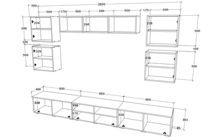 Living Kos V3, Negru/Alb Lucios, MDF, L 285 cm