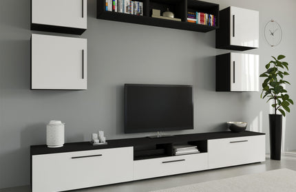 Living Kos V3, Negru/Alb Lucios, MDF, L 285 cm