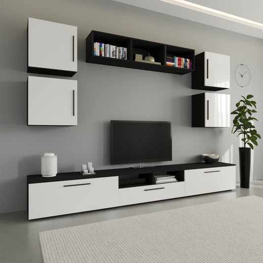 Living Kos V3, Negru/Alb Lucios, MDF, L 285 cm