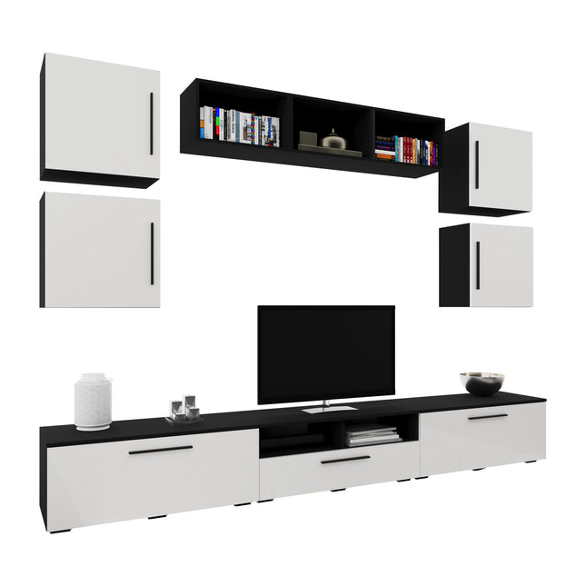 Living Kos V3, Negru/Alb Lucios, MDF, L 285 cm