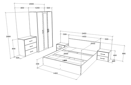 Set dormitor Malmo V4, Pat 200 x 140 cm, Stejar Alb/Antracit