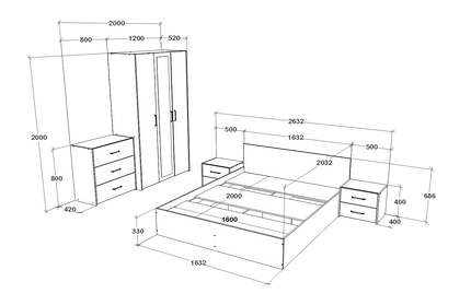 Set dormitor Malmo V4, Pat 200 x 160 cm, Stejar Alb/Antracit