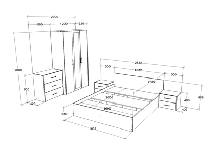 Set dormitor Malmo V4, Pat 200 x 160 cm, Stejar Alb/Antracit