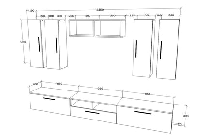 Living Kos V4, Negru/Alb Lucios, MDF, L 285 cm