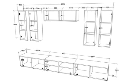 Living Kos V4, Negru/Alb Lucios, MDF, L 285 cm