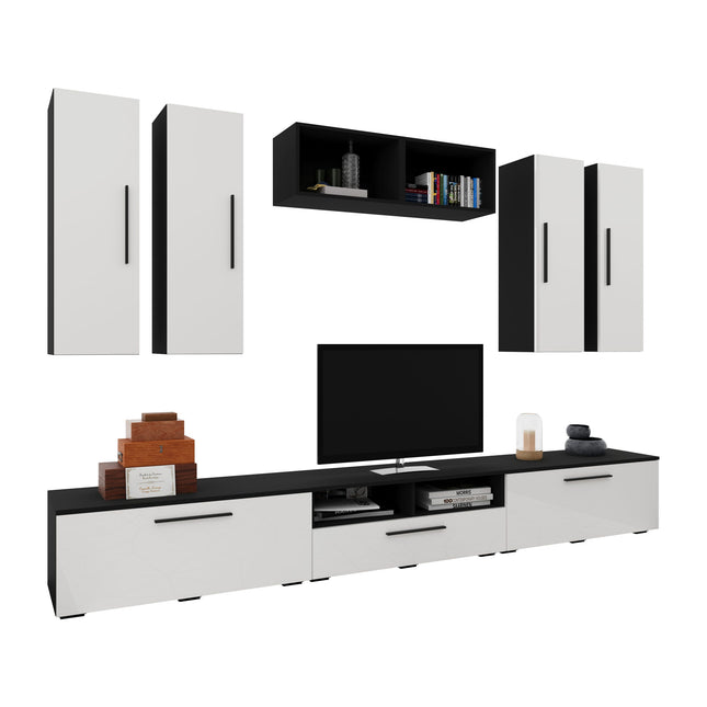 Living Kos V4, Negru/Alb Lucios, MDF, L 285 cm