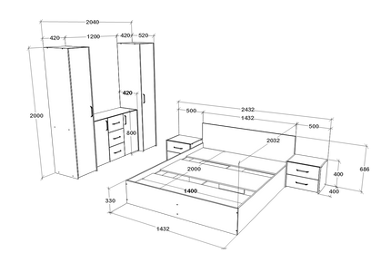 Set dormitor Malmo V5, Pat 200 x 140 cm, Stejar Alb/Antracit