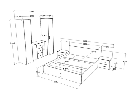 Set dormitor Malmo V5, Pat 200 x 140 cm, Stejar Alb/Antracit
