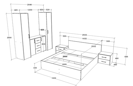 Set dormitor Malmo V5, Pat 200 x 160 cm, Stejar Alb/Antracit