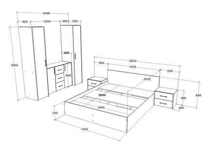 Set dormitor Malmo V5, Pat 200 x 160 cm, Stejar Alb/Antracit
