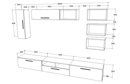 Living Kos V5, Negru/Alb Lucios, MDF, L 285 cm