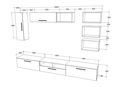 Living Kos V5, Negru/Alb Lucios, MDF, L 285 cm