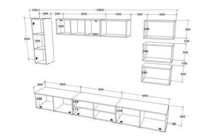 Living Kos V5, Negru/Alb Lucios, MDF, L 285 cm