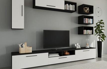 Living Kos V5, Negru/Alb Lucios, MDF, L 285 cm