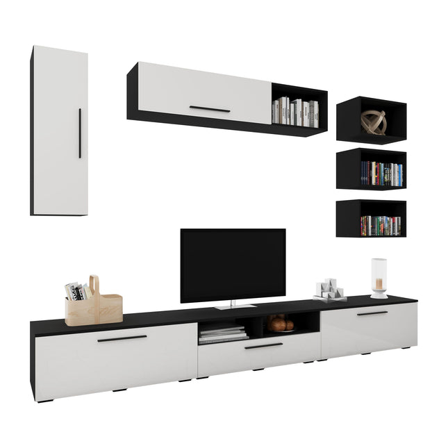 Living Kos V5, Negru/Alb Lucios, MDF, L 285 cm