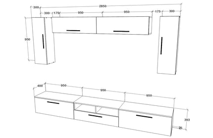 Living Kos V6, Negru/Alb Lucios, MDF, L 285 cm