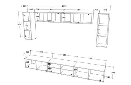 Living Kos V6, Negru/Alb Lucios, MDF, L 285 cm