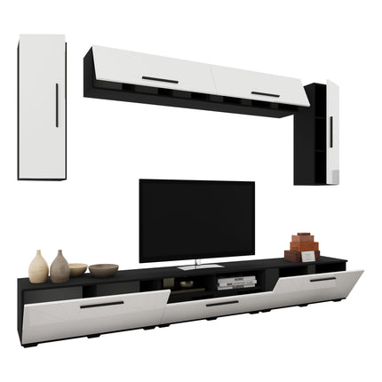 Living Kos V6, Negru/Alb Lucios, MDF, L 285 cm
