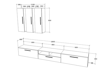 Living Kos V7, Negru/Alb Lucios, MDF, L 285 cm