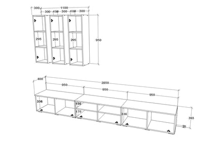 Living Kos V7, Negru/Alb Lucios, MDF, L 285 cm