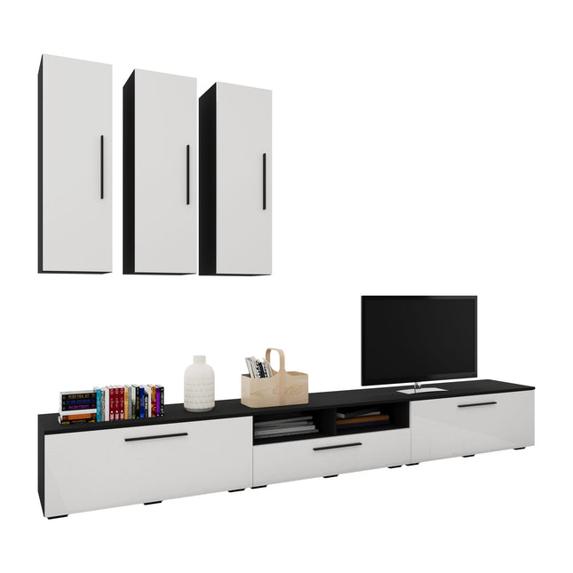 Living Kos V7, Negru/Alb Lucios, MDF, L 285 cm