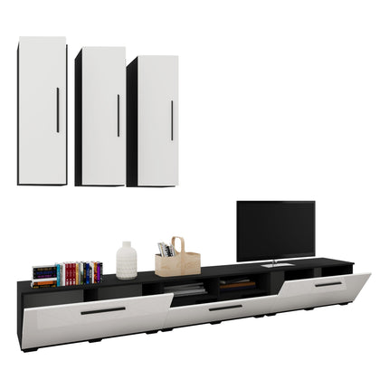 Living Kos V7, Negru/Alb Lucios, MDF, L 285 cm