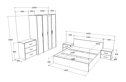 Set dormitor Malmo V8, Pat 200 x 140 cm, Stejar Alb/Antracit