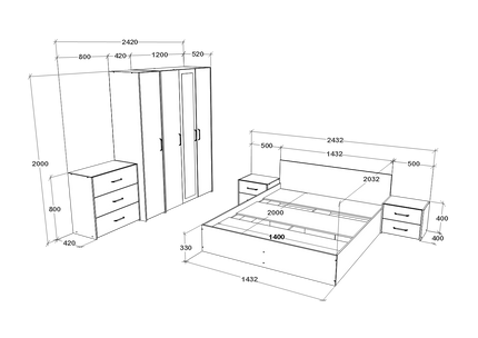 Set dormitor Malmo V8, Pat 200 x 140 cm, Stejar Alb/Antracit