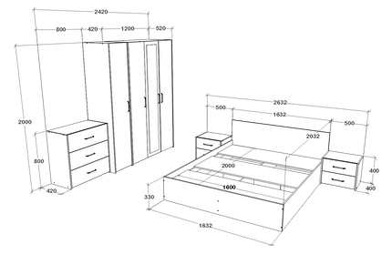 Set dormitor Malmo V8, Pat 200 x 160 cm, Stejar Alb/Antracit