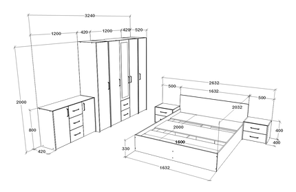 Set dormitor Malmo V9, Pat 200 x 160 cm, Stejar Alb/Antracit