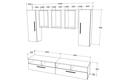 Living Kos V9, Negru/Alb Lucios, MDF, L 190 cm