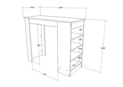 Masa Bar Vista, 4 rafturi, Alb/Stejar Artisan, 120 x 50 x 100 cm
