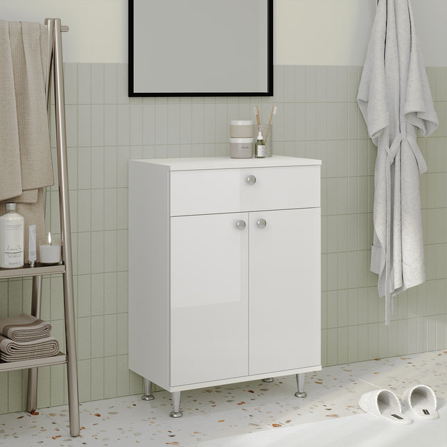 Corp Baie Zaria, 1 Sertar, 2 Usi, Alb lucios/Alb, MDF, L 60 x l 35 x H 85 cm