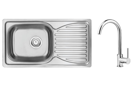 Set Chiuveta Deante DOPPIO, 1 Cuva Universala, Inox Lucios, pe blat, 78 x 43 cm, Baterie Lebada Bucatarie, pipa inalta, Inox Lucios