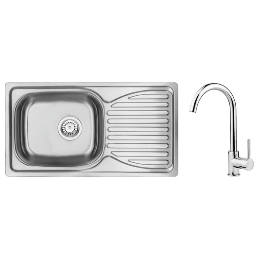 Set Chiuveta Deante DOPPIO, 1 Cuva Universala, Inox Lucios, pe blat, 78 x 43 cm, Baterie Lebada Bucatarie, pipa inalta, Inox Lucios