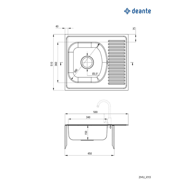 Chiuveta Deante TECHNO, 1 Cuva Universala, Inox Texturat, pe blat, 58 x 51 cm