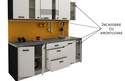 Bucatarie Lima, Alb Lucios/Negru, MDF, L 235 cm