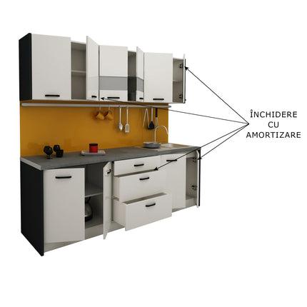 Bucatarie Lima, Alb Lucios/Negru, MDF, L 235 cm