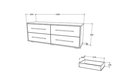 Comoda TV Siena, 4 Sertare, Alb, 120 x 35 x 45 cm