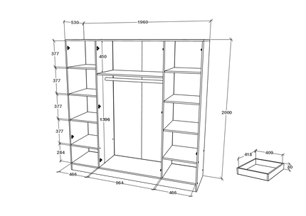 Dulap Nero, 4 Usi, oglinda, Stejar Sonoma, 196 x 55 x 200 cm