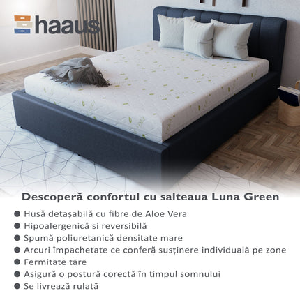 Saltea Ortopedica Luna Green, Aloe Vera, arcuri impachetate, husa detasabila, 90 x 200 x 20 cm