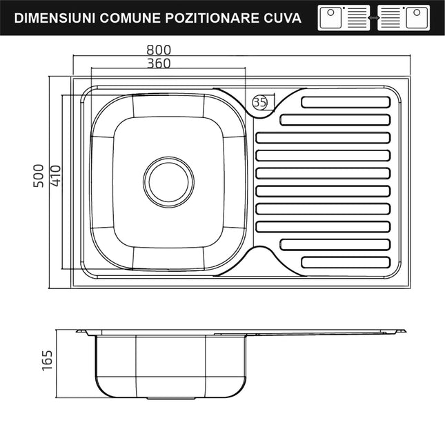 Chiuveta Sanobi, 1 Cuva dreapta, Inox texturat, pe masca, 80 x 50 cm