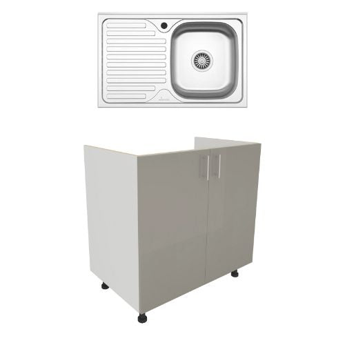 Set Masca Chiuveta Karo, Gri Lucios/Alb, MDF, 80 x 50 x 80 cm, Chiuveta Inox, Cuva dreapta