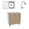 Set Masca Chiuveta Karo, Lemn Natural/Alb, 80 x 50 x 80 cm, Chiuveta Inox, Cuva dreapta, Baterie Flexibila